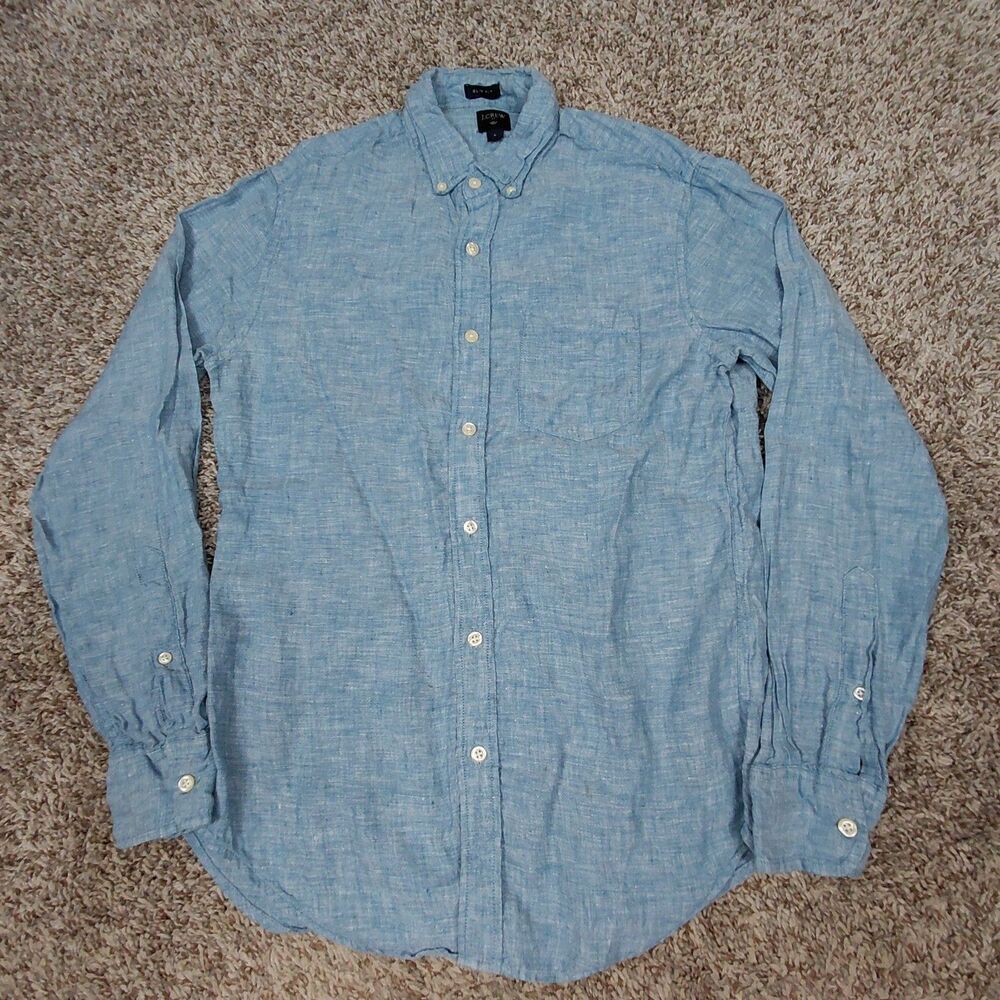 J. Crew 100% Linen Shirt Men Small Slim Fit Button Down Blue Long Sleeve